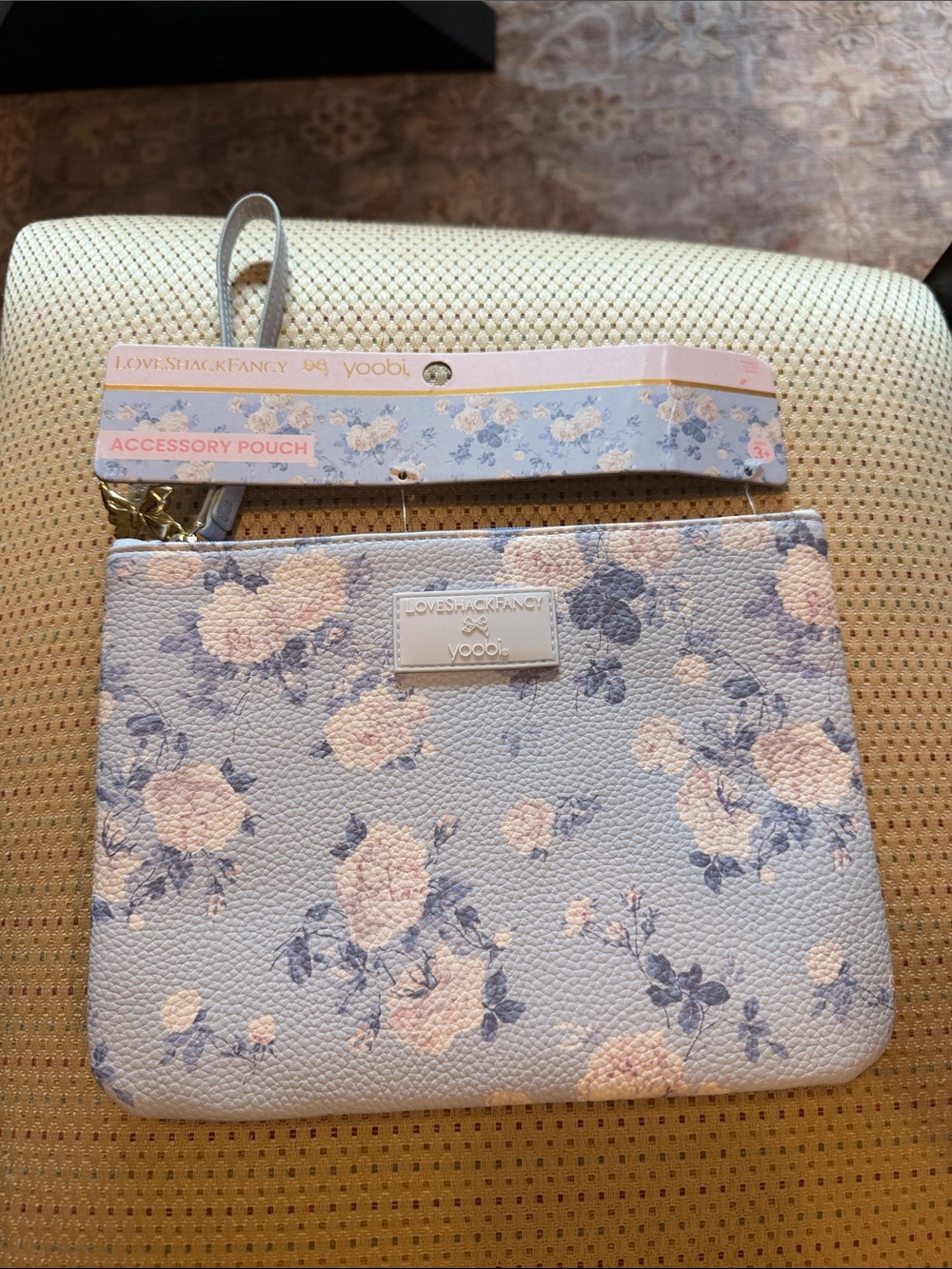 LoveShackFancy Blue Floral Accessory Pouch with Pink Blooms